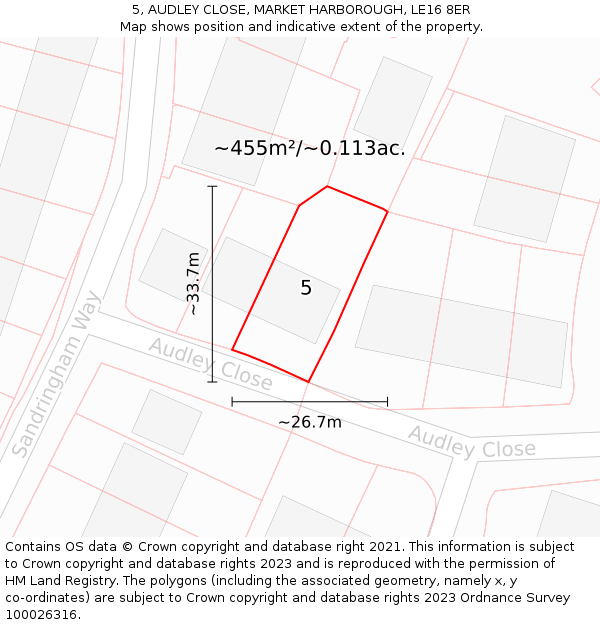 5, AUDLEY CLOSE, MARKET HARBOROUGH, LE16 8ER: Plot and title map