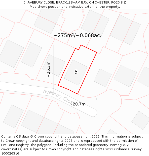 5, AVEBURY CLOSE, BRACKLESHAM BAY, CHICHESTER, PO20 8JZ: Plot and title map