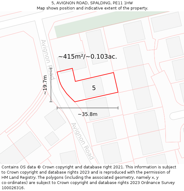 5, AVIGNON ROAD, SPALDING, PE11 1HW: Plot and title map