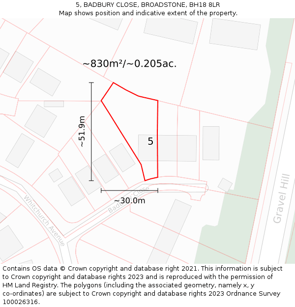 5, BADBURY CLOSE, BROADSTONE, BH18 8LR: Plot and title map