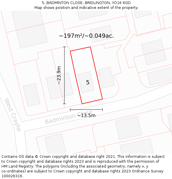 5, BADMINTON CLOSE, BRIDLINGTON, YO16 6GD: Plot and title map