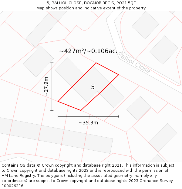 5, BALLIOL CLOSE, BOGNOR REGIS, PO21 5QE: Plot and title map