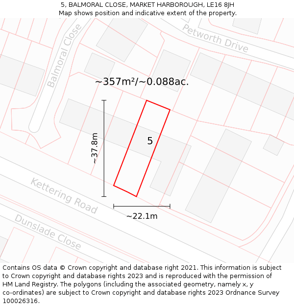 5, BALMORAL CLOSE, MARKET HARBOROUGH, LE16 8JH: Plot and title map