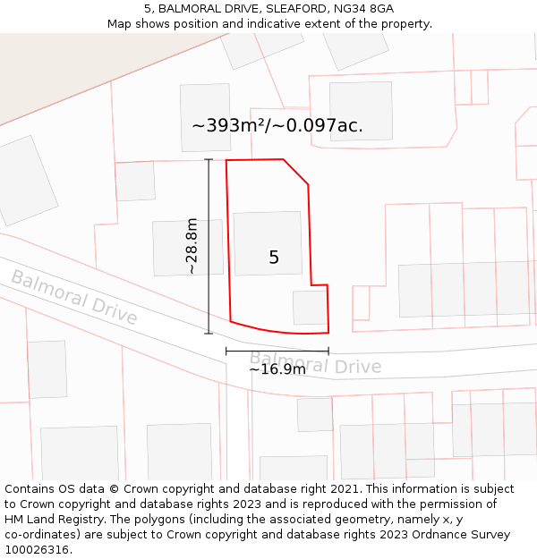 5, BALMORAL DRIVE, SLEAFORD, NG34 8GA: Plot and title map