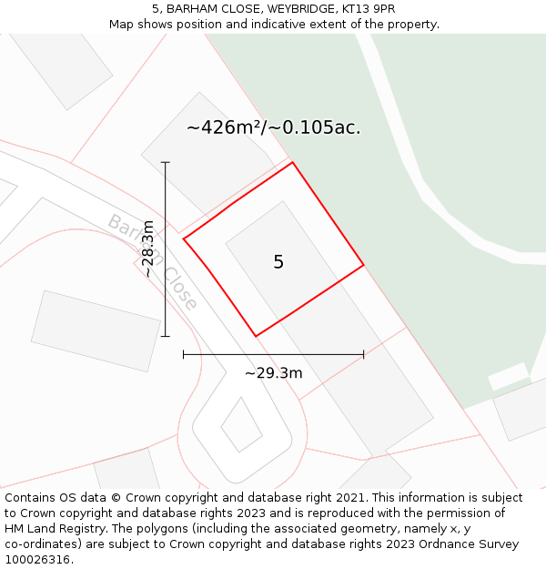 5, BARHAM CLOSE, WEYBRIDGE, KT13 9PR: Plot and title map