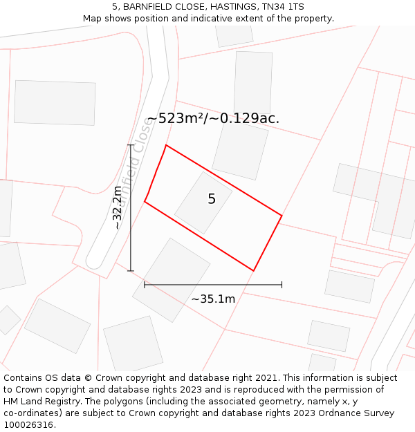 5, BARNFIELD CLOSE, HASTINGS, TN34 1TS: Plot and title map