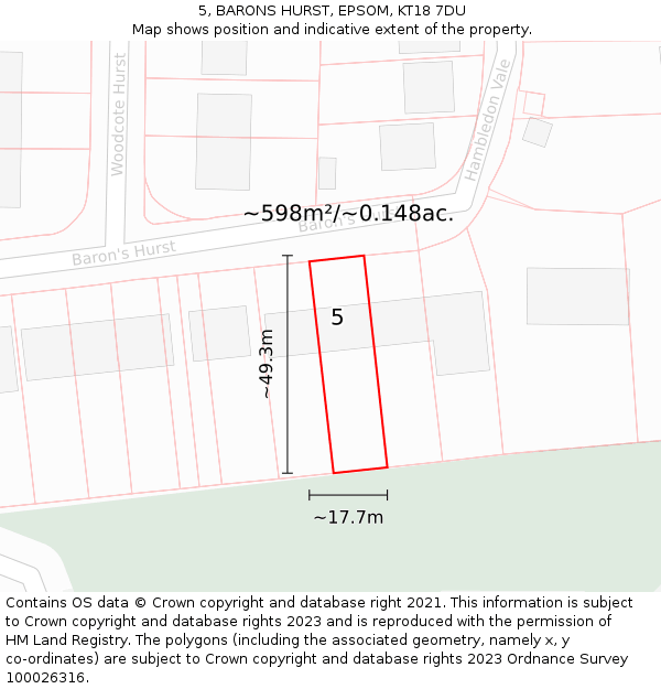 5, BARONS HURST, EPSOM, KT18 7DU: Plot and title map