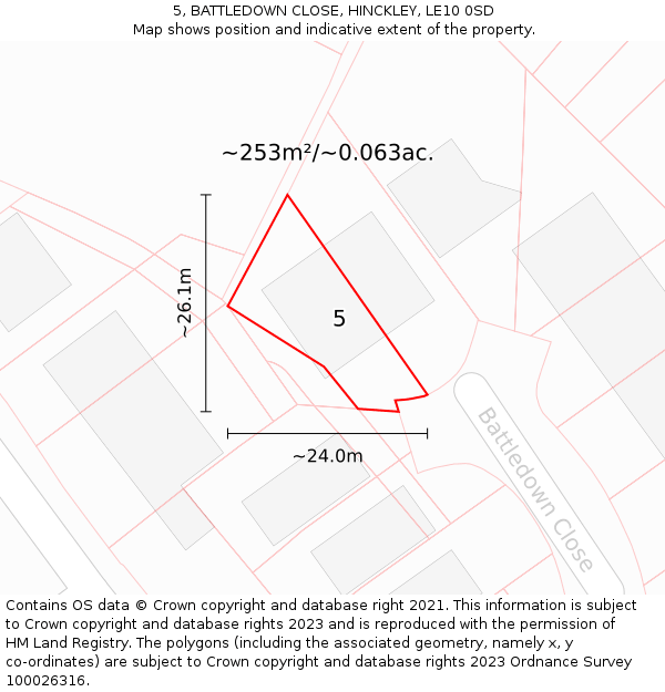 5, BATTLEDOWN CLOSE, HINCKLEY, LE10 0SD: Plot and title map