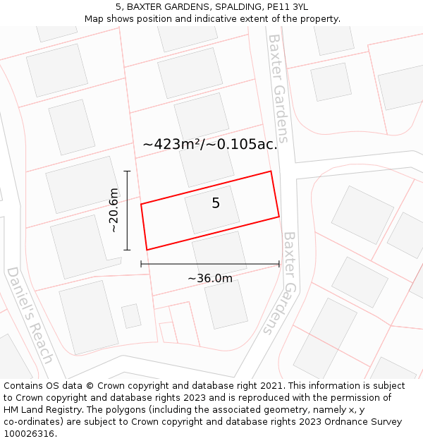 5, BAXTER GARDENS, SPALDING, PE11 3YL: Plot and title map
