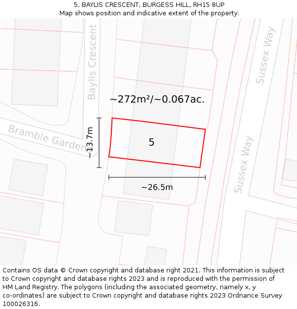 5, BAYLIS CRESCENT, BURGESS HILL, RH15 8UP: Plot and title map