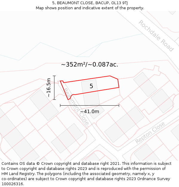 5, BEAUMONT CLOSE, BACUP, OL13 9TJ: Plot and title map