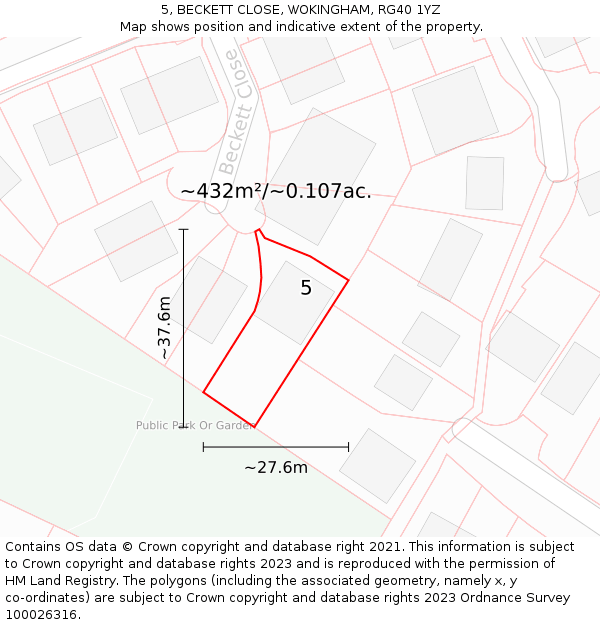 5, BECKETT CLOSE, WOKINGHAM, RG40 1YZ: Plot and title map