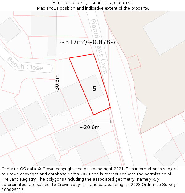 5, BEECH CLOSE, CAERPHILLY, CF83 1SF: Plot and title map