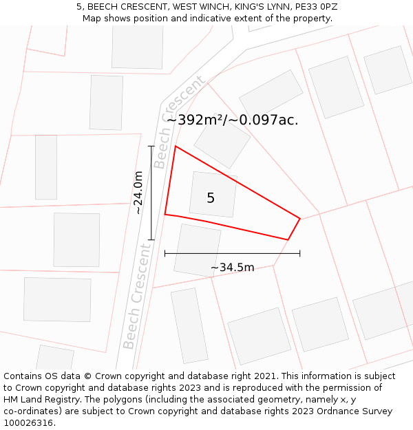 5, BEECH CRESCENT, WEST WINCH, KING'S LYNN, PE33 0PZ: Plot and title map