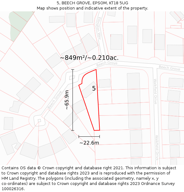 5, BEECH GROVE, EPSOM, KT18 5UG: Plot and title map