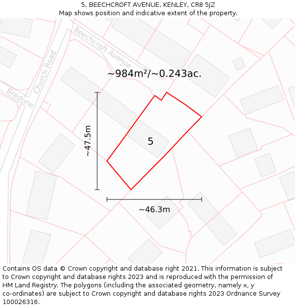 5, BEECHCROFT AVENUE, KENLEY, CR8 5JZ: Plot and title map