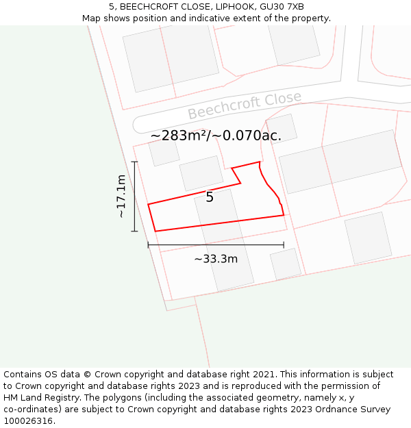 5, BEECHCROFT CLOSE, LIPHOOK, GU30 7XB: Plot and title map