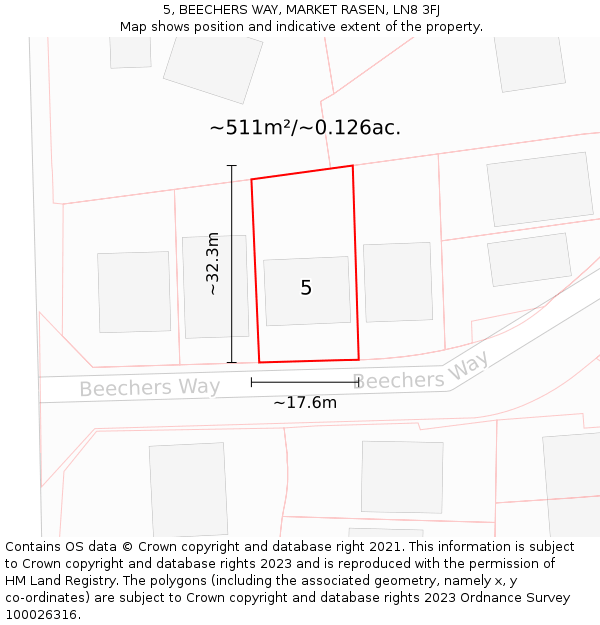 5, BEECHERS WAY, MARKET RASEN, LN8 3FJ: Plot and title map