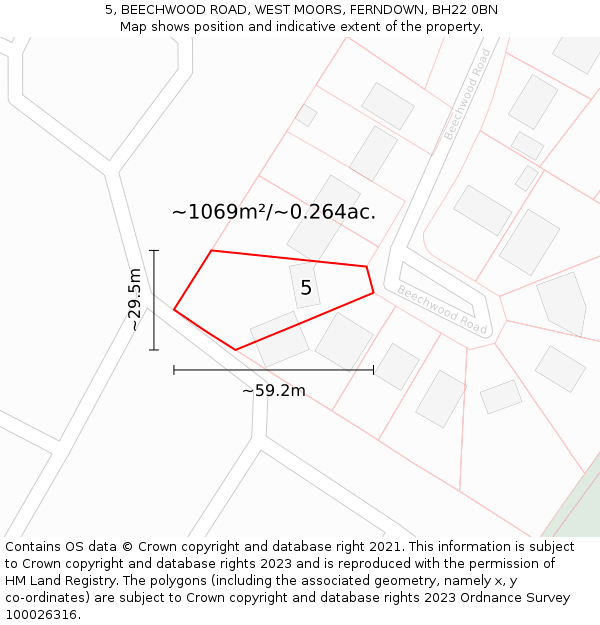 5, BEECHWOOD ROAD, WEST MOORS, FERNDOWN, BH22 0BN: Plot and title map