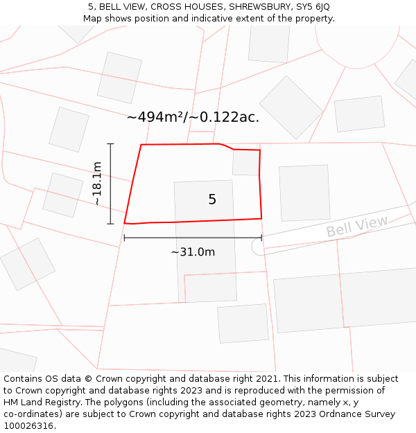 5, BELL VIEW, CROSS HOUSES, SHREWSBURY, SY5 6JQ: Plot and title map