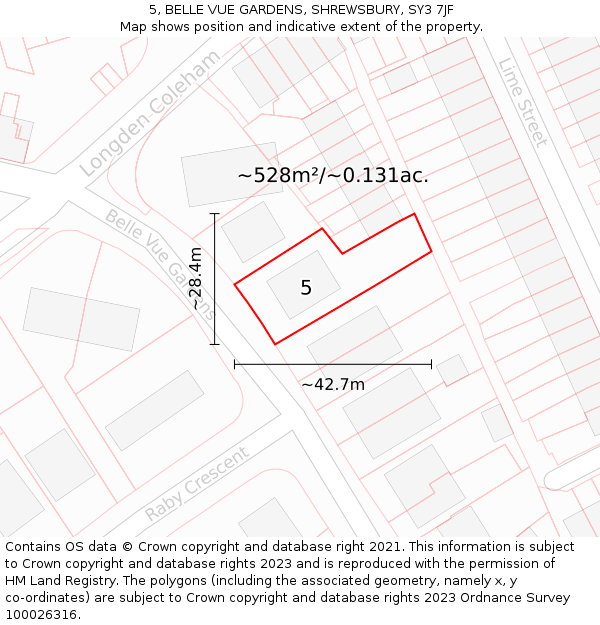 5, BELLE VUE GARDENS, SHREWSBURY, SY3 7JF: Plot and title map