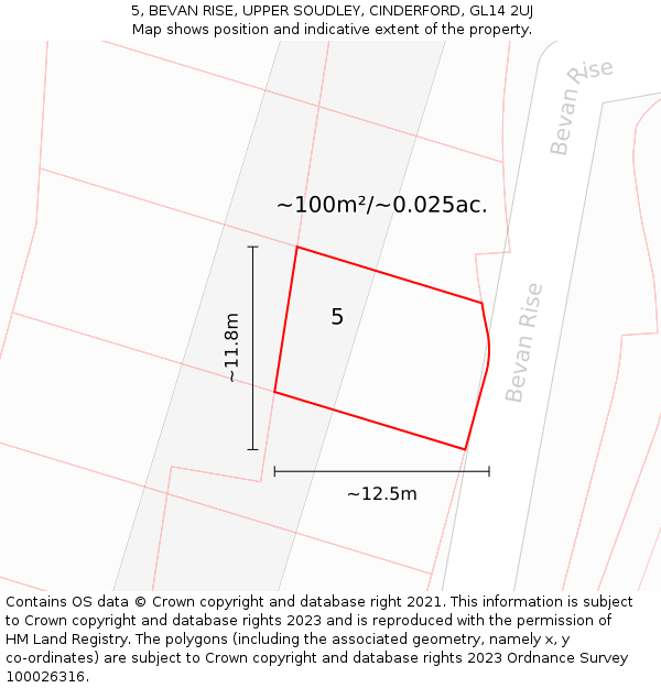5, BEVAN RISE, UPPER SOUDLEY, CINDERFORD, GL14 2UJ: Plot and title map