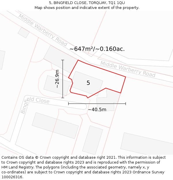 5, BINGFIELD CLOSE, TORQUAY, TQ1 1QU: Plot and title map