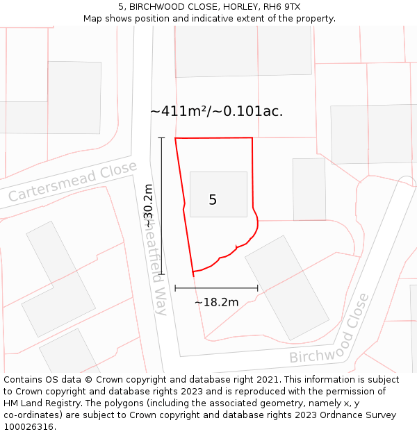 5, BIRCHWOOD CLOSE, HORLEY, RH6 9TX: Plot and title map