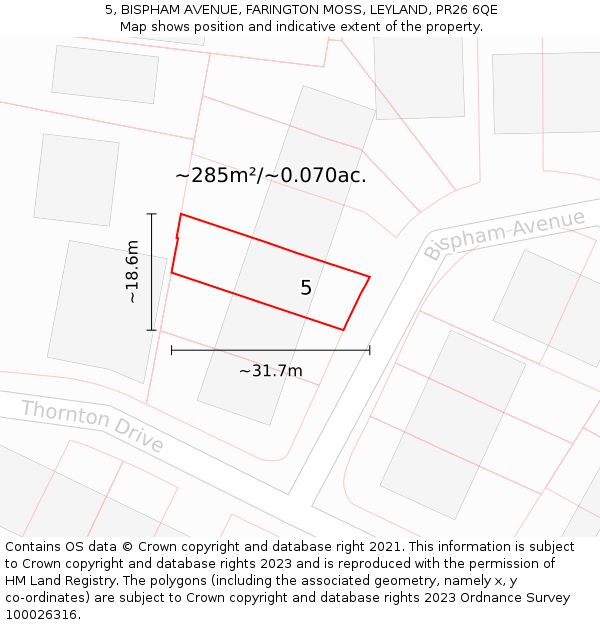 5, BISPHAM AVENUE, FARINGTON MOSS, LEYLAND, PR26 6QE: Plot and title map