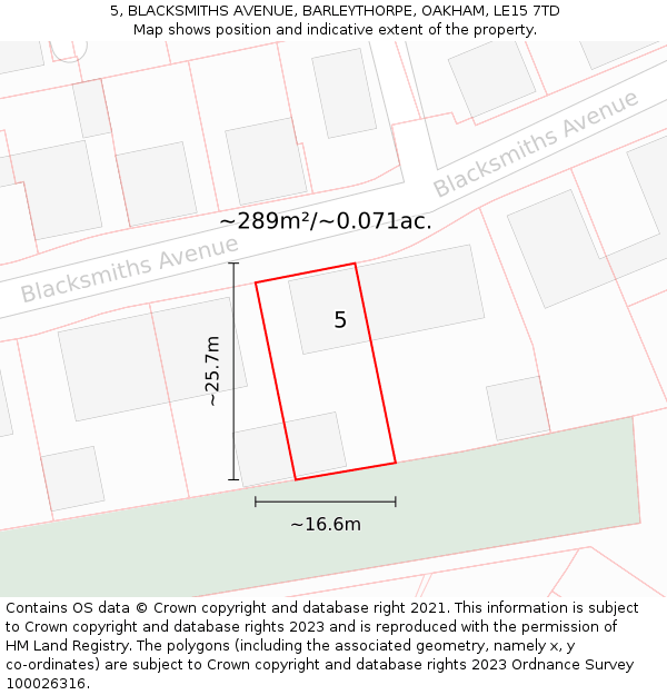 5, BLACKSMITHS AVENUE, BARLEYTHORPE, OAKHAM, LE15 7TD: Plot and title map