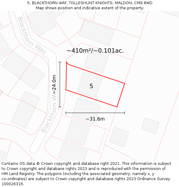 5, BLACKTHORN WAY, TOLLESHUNT KNIGHTS, MALDON, CM9 8WD: Plot and title map