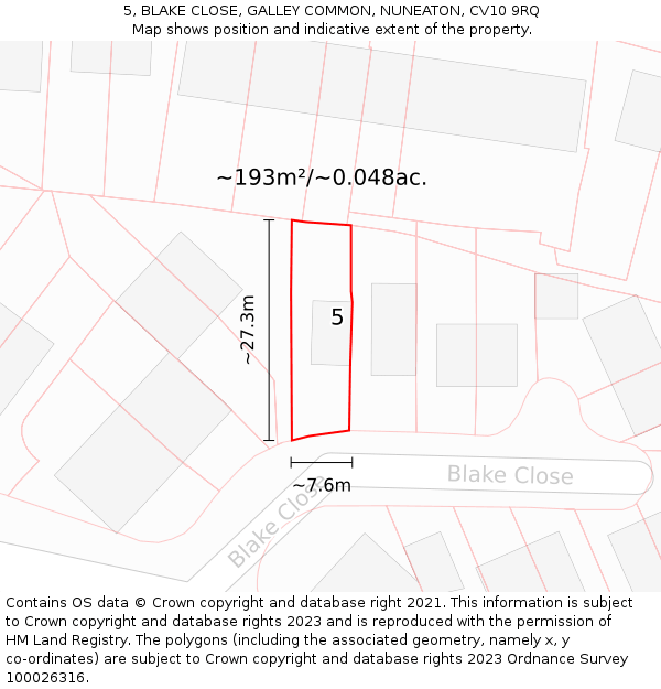 5, BLAKE CLOSE, GALLEY COMMON, NUNEATON, CV10 9RQ: Plot and title map