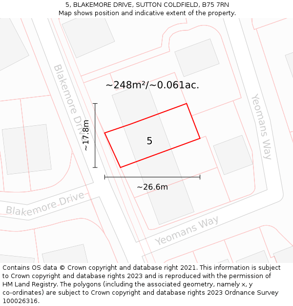 5, BLAKEMORE DRIVE, SUTTON COLDFIELD, B75 7RN: Plot and title map