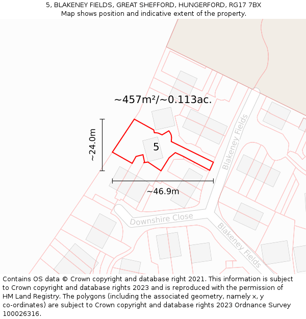 5, BLAKENEY FIELDS, GREAT SHEFFORD, HUNGERFORD, RG17 7BX: Plot and title map