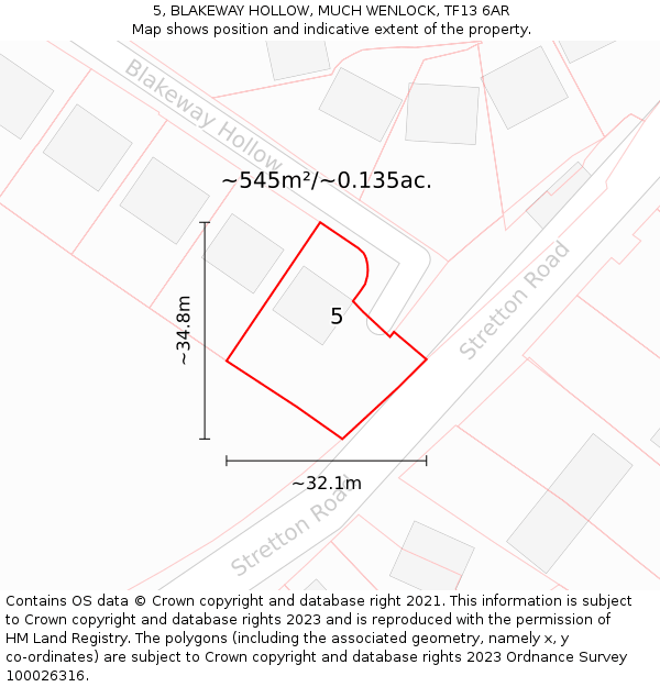 5, BLAKEWAY HOLLOW, MUCH WENLOCK, TF13 6AR: Plot and title map