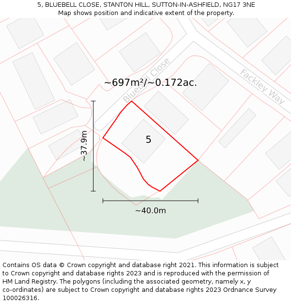 5, BLUEBELL CLOSE, STANTON HILL, SUTTON-IN-ASHFIELD, NG17 3NE: Plot and title map