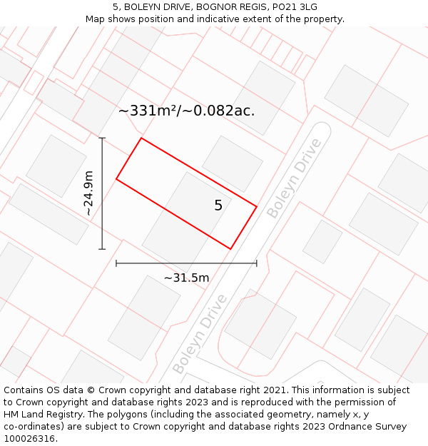 5, BOLEYN DRIVE, BOGNOR REGIS, PO21 3LG: Plot and title map