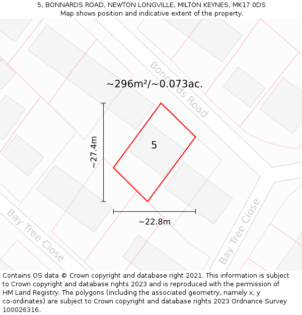 5, BONNARDS ROAD, NEWTON LONGVILLE, MILTON KEYNES, MK17 0DS: Plot and title map