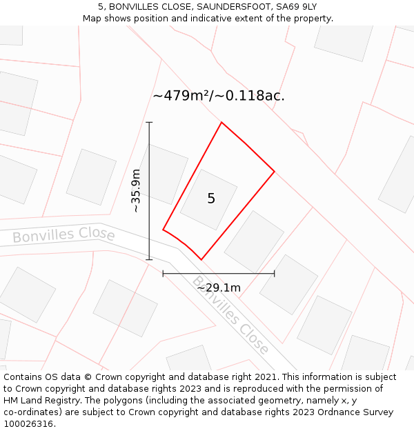 5, BONVILLES CLOSE, SAUNDERSFOOT, SA69 9LY: Plot and title map