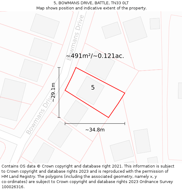 5, BOWMANS DRIVE, BATTLE, TN33 0LT: Plot and title map