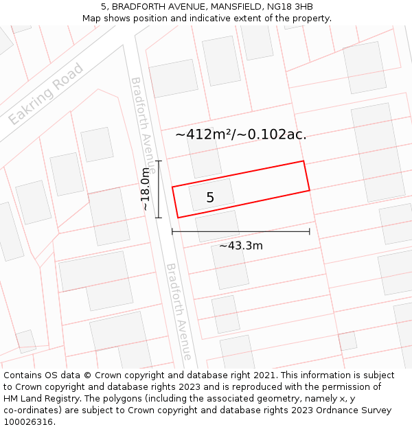 5, BRADFORTH AVENUE, MANSFIELD, NG18 3HB: Plot and title map