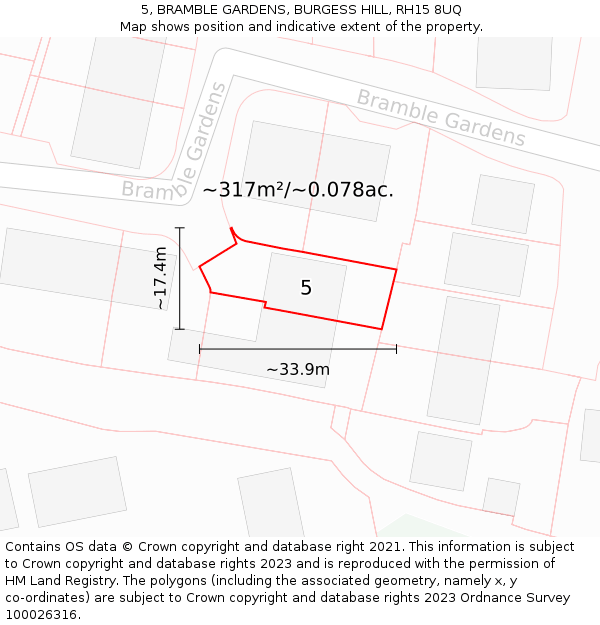 5, BRAMBLE GARDENS, BURGESS HILL, RH15 8UQ: Plot and title map
