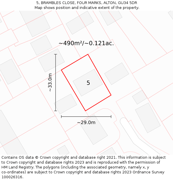 5, BRAMBLES CLOSE, FOUR MARKS, ALTON, GU34 5DR: Plot and title map