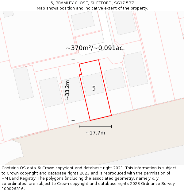 5, BRAMLEY CLOSE, SHEFFORD, SG17 5BZ: Plot and title map