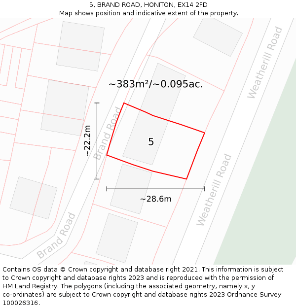 5, BRAND ROAD, HONITON, EX14 2FD: Plot and title map