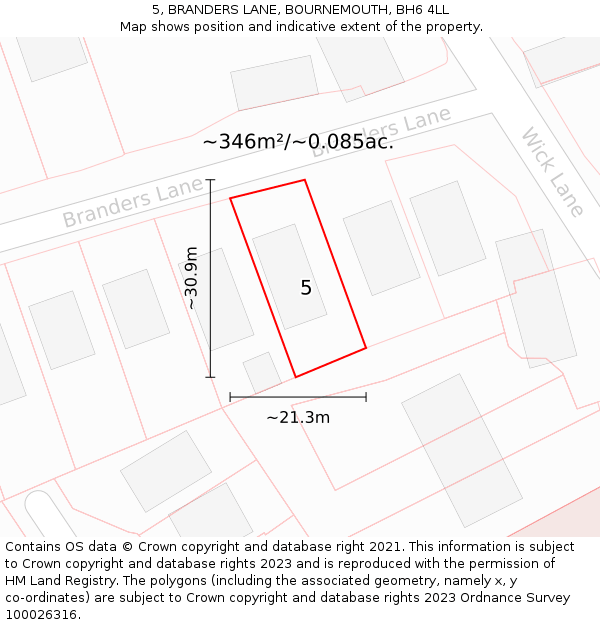 5, BRANDERS LANE, BOURNEMOUTH, BH6 4LL: Plot and title map