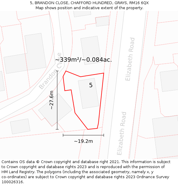 5, BRANDON CLOSE, CHAFFORD HUNDRED, GRAYS, RM16 6QX: Plot and title map