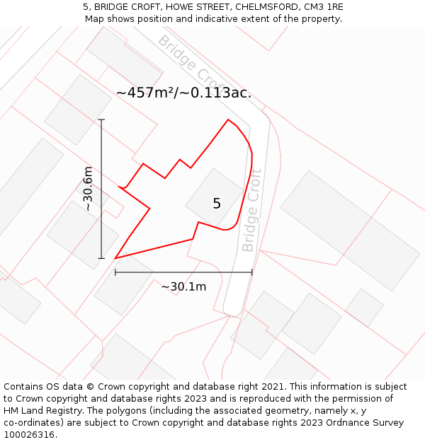 5, BRIDGE CROFT, HOWE STREET, CHELMSFORD, CM3 1RE: Plot and title map
