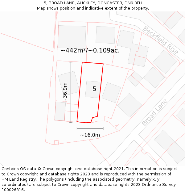 5, BROAD LANE, AUCKLEY, DONCASTER, DN9 3FH: Plot and title map