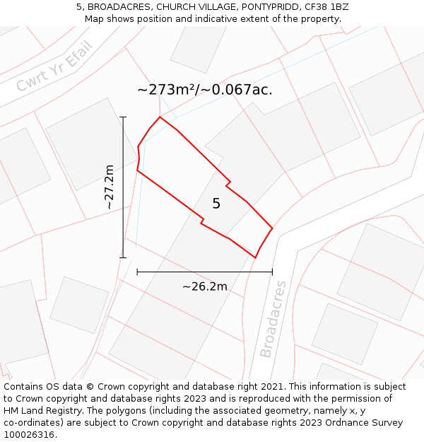 5, BROADACRES, CHURCH VILLAGE, PONTYPRIDD, CF38 1BZ: Plot and title map